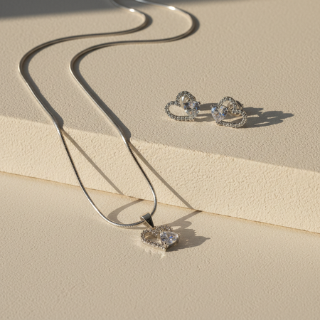 Conjunto Prata Coração Zircônia